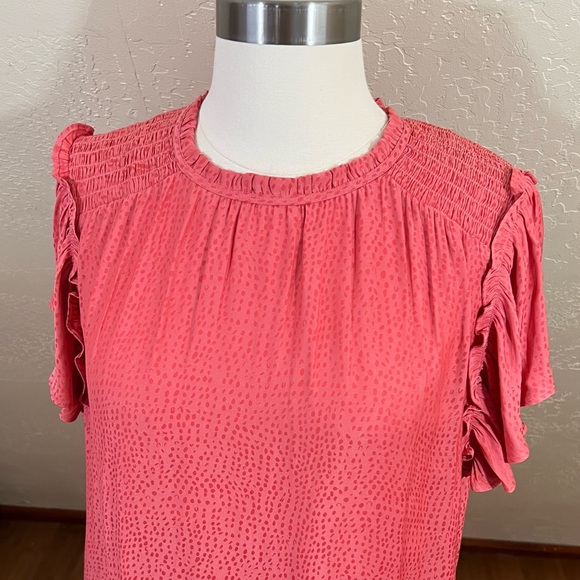 ✨SOLD✨Ann Taylor Pink Pin Dot Satin Flutter Sleeve Blouse - Picture 2 of 6